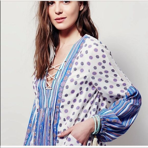 Free People Rain Shine Printed Lace-Up Swing Dress, NWT - Picture 4 of 11